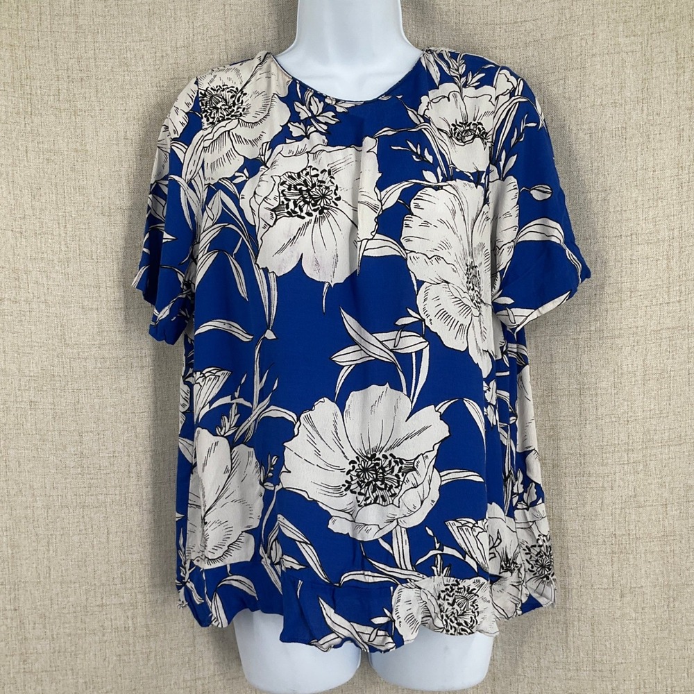 Zara Basic Blouse Womens Large Blue‎ Floral Crossover Back Short Sleeve Boho Top